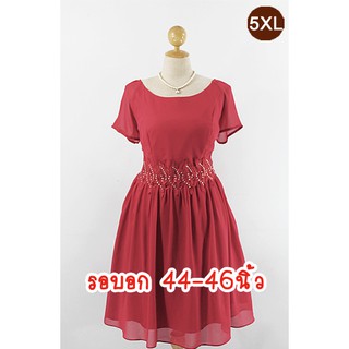 E1913-9-5XL-ชุดเดรสคนอ้วน สีแดง ผ้าชีฟอง คอกลมปาด กระโปรงจับจีบ ประดับลูกไม้และเพชรใต้อก