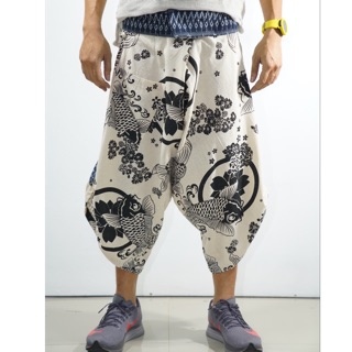 Samurai Pants กางเกงซามูไรเอวมัดลายปลากับดอกไม้