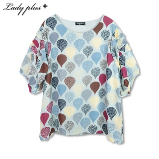 Lady Plus เสื้อชีฟองแขนบอลลูนแต่งชั้น | Balloon Sleeve Print Blouse เสื้อแขนสั้น สีฟ้า