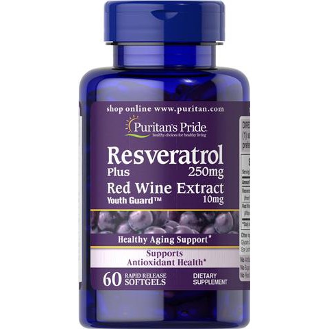 (ล็อตใหม่) Puritan Resveratrol 250 mg Plus Red Wine Extract 10 mg 60 softgels เรสเวอราทอล