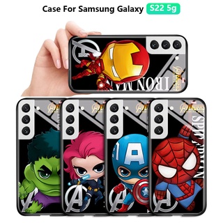 สําหรับ Samsung Galaxy S22 Ultra S22 Plus 5Gเคสโทรศัพท์มือถือกระจกนิรภัย ลายการ์ตูนไอรอนแมน สไปเดอร์แมน กัปตันอเมริกา