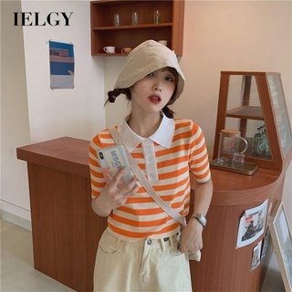 IELGY เสื้อยืดทรงโปโล แขนสั้น ลายทาง สําหรับผู้หญิง