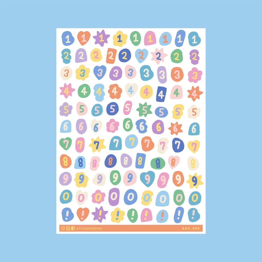 💘✨สติกเกอร์ตัวเลขไดคัท A5 ลาย Colorful Numbers with multi-shape 💘✨ (รหัส : SA5_023)