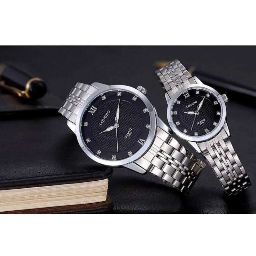 นาฬิกา Longbo Watch ชุด คู่รัก สายเลสสีเงิน หน้าปัดสีดำ สินค้าของแท้ กันน้ำได้ พร้อมกล่องหนังสุดหรู