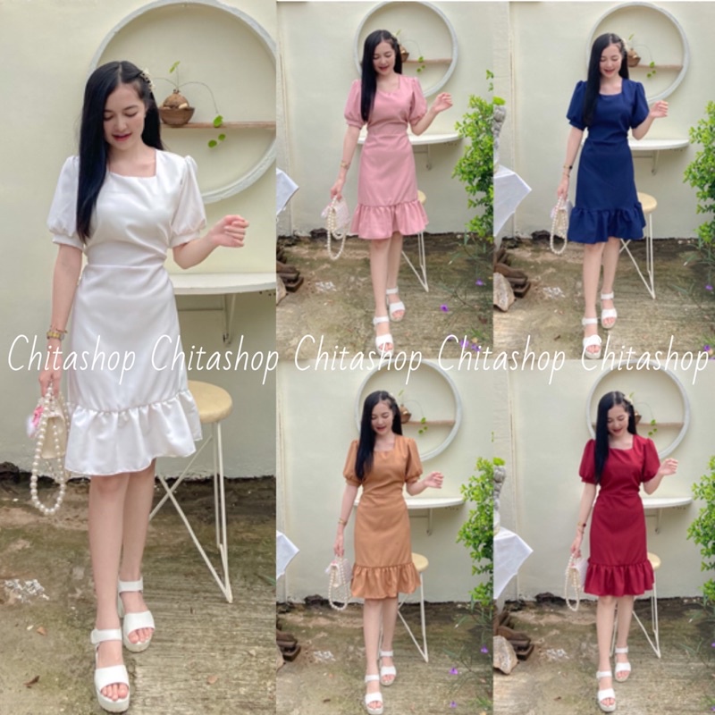 🍒 CHITASH♡︎P🍒 มีสีเข้าใหม่นะคะ (มีไซส์ใหญ่) ชุดเดรสสีพื้นแขนสั้น สวยๆ เรียบร้อย ใส่ออกงาน ใส่ทำงาน ผ้าซาร่า รุ่นมะนาว