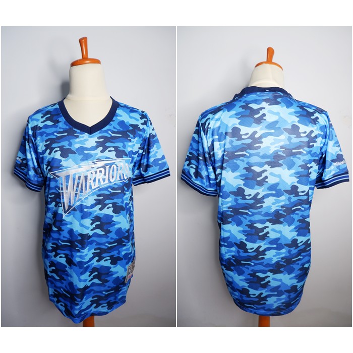 WARRIORS MESH CAMO SLEEVE BASKETBALL JERSEY BLUE MITCHELL&NESS