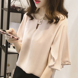 เสื้อลำลองสำหรับสตรีผ้าชีฟองแขนยาวครึ่งแขนทรงหลวม