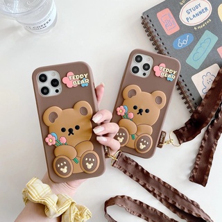 เคสโทรศัพท์มือถือยางซิลิโคนลายการ์ตูนหมีน่ารักพร้อมเชือกคล้องสําหรับ Huawei Y9s Y9 Prime Y9 2019 Honor 8X Nova 3i Nova 4 Nova 5T Nova 7i Nova 7 Nova 7 Pro Nova 7SE P20 Pro P30 Pro P30 Lite P40 Pro Mate 20 Pro Mate 30 Pro 3D