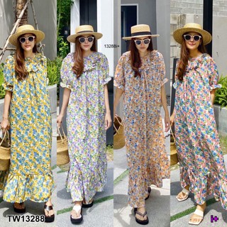 #13288 MaxiDress ลายดอกไม้อกระบาย