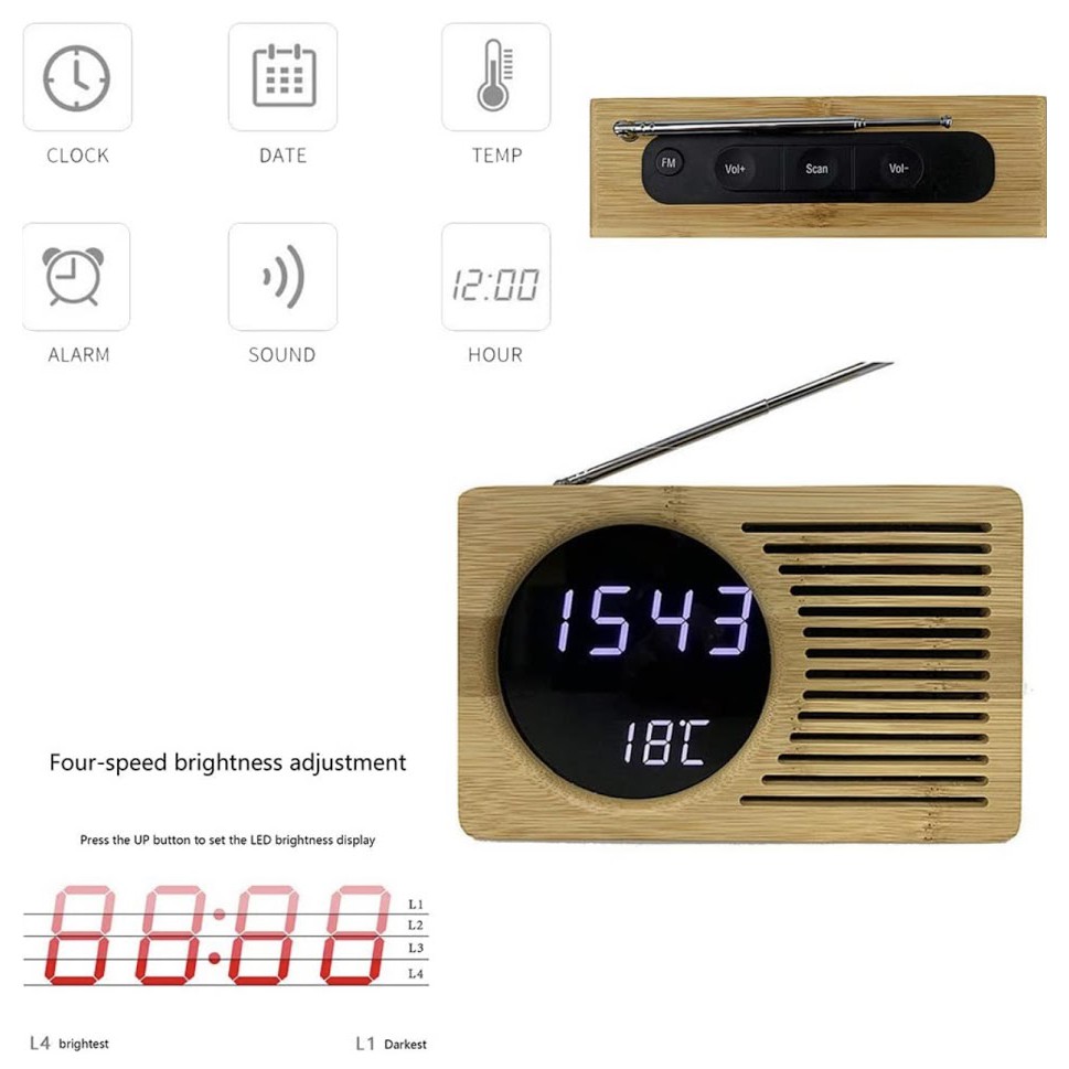 2025 LED Alarm Clock Wooden FM Clock Radio LED Bamboo Wood Clock Alarm