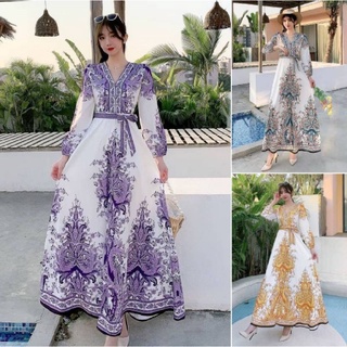 เดรสยาวสไตส์โบฮีเมียนลวดลายสวยงาม คอวีกระดุมหน้าแกะได้จริง