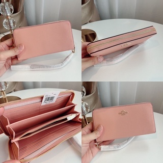 🎀 (สด-ผ่อน) กระเป๋าสตางค์ซิปรอบ มีสายคล้อง สี Powder Pink / Shell Pink COACH C3441 LONG ZIP AROUND WALLET