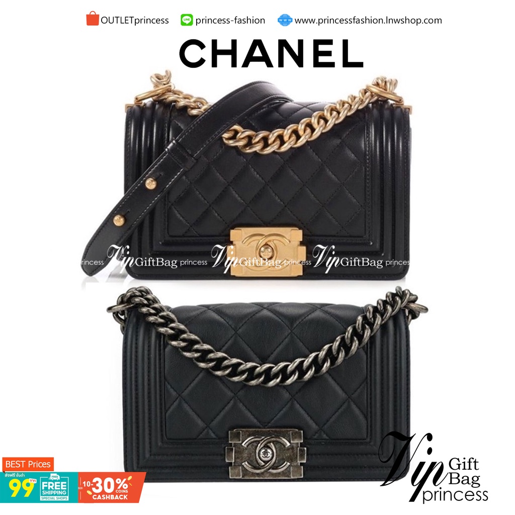 VIP 】หนังแท้ CHANEL BOY Mini Caviar Leather Silver/Gold  กระเป๋าสะพายรุ่นยอดนิยมตลอดกาล หนังคาเวียร์อย่างดี