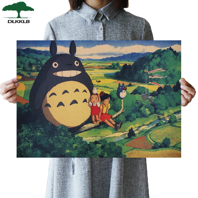 DLKKLB คลาสสิก อะนิเมะ ภาพยนตร์ เพื่อนบ้านของฉัน Totoro โทโทโร่ ง โปสเตอร์ วินเทจ หอพัก ห้องนอน บ้าน ภาพวาดตกแต่ง 51x36 ซม สติกเกอร์ติดผนัง