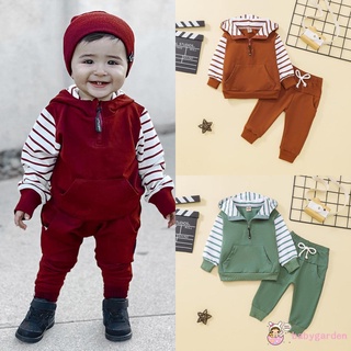 Babygarden-0-3years เสื้อกันหนาวแขนยาว มีฮู้ด ลายทาง และกางเกงขายาว เอวยางยืด สําหรับเด็กผู้ชาย 2 ชิ้น ต่อชุด