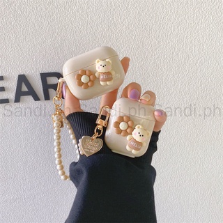 เคสหูฟังซิลิโคน TPU แบบนิ่ม ลายดอกทานตะวัน และหมี แต่งโซ่มุก สําหรับ Apple AirPods 1 2 3 Pro 2 Generation Pro 3 Pro2