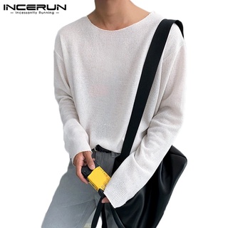 Incerun เสื้อท็อปคอกลมแขนยาวสีพื้นสําหรับผู้ชาย