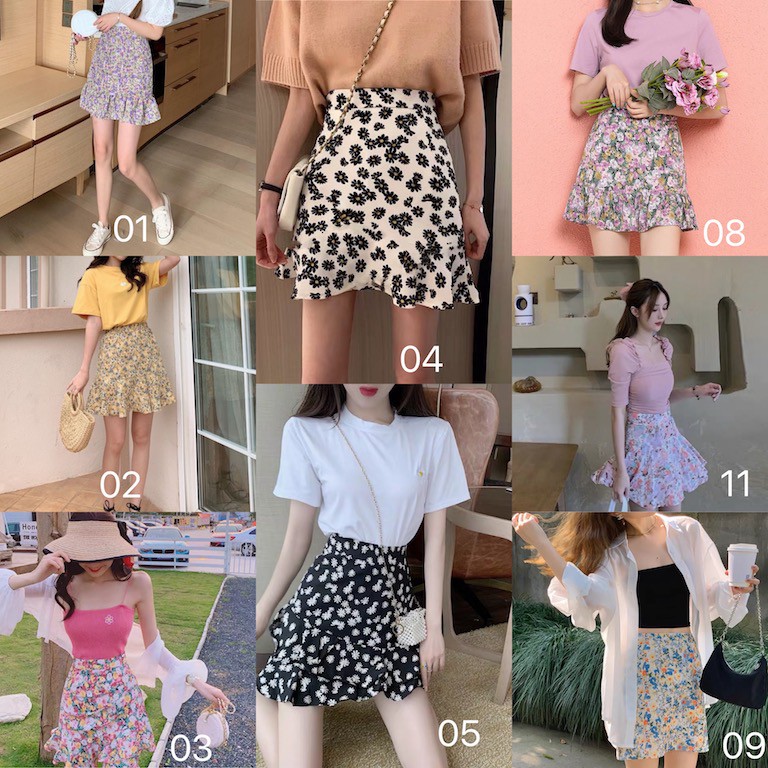 Cicishop SALE/สุ่มสี กระโปรงปริ้นลายดอไม้ ชายระบาย เอวสม๊อคหลัง มีซับในเป็นกางเกง(8819)