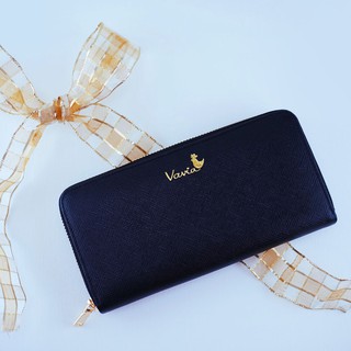 กระเป๋าสตางค์ซิปรอบยาวหนังแท้ Zip Around Long Wallet หนังแท้สีดำ