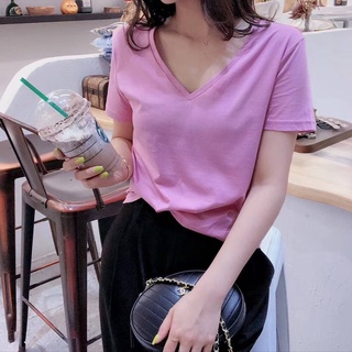 เสื้อยืดพื้นคอวีผ้าคอตตอน FINE PLAIN V NECK TEES