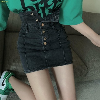 Hot Sale🍑📷2022 กระโปรงกระดุมแถวเดียวเอวสูง Spice Girls A-line Two-Wear Cuffed Denim Skirt