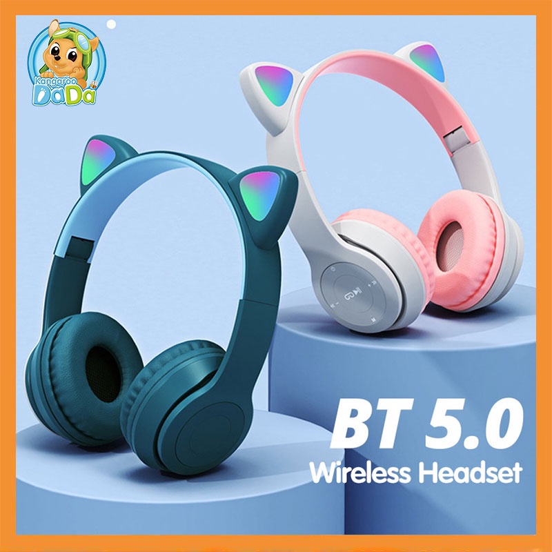 หูแมวบลูทูธ 5.0 หูฟัง LED ตัดเสียงรบกวนเด็กสาวน่ารักชุดหูฟังรองรับการ์ด TF แจ็ค 3.5 มม.