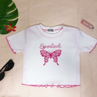 เสื้อครอปเอวลอย ลายผีเสื้อ ปลายหยักสีชมพูน่ารักกกมากกก