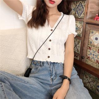 Summer new White V-Neck knitted T-shirt womens Korean Short Sleeve fashion ins slim chic high waist navel top