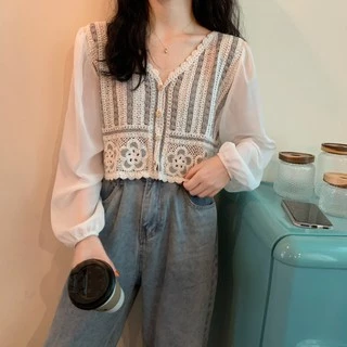 ส่งทันที Ciciเสื้อแขนยาวไหมพรมถักแต่งลายฉลุซีทรูดอกไม้​ สีโทนอุ่น​สีพื้น(A11)