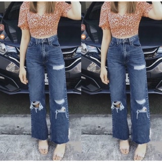 TwiceJeans กางเกงยีนส์ กางเกงทรงกระบอก ขาตรง เอวสูง ยีนส์ขาด วินเทจ ผ้ายีนส์ไม่ยืด ปลายขาตัด สียีนส์ฟอก
