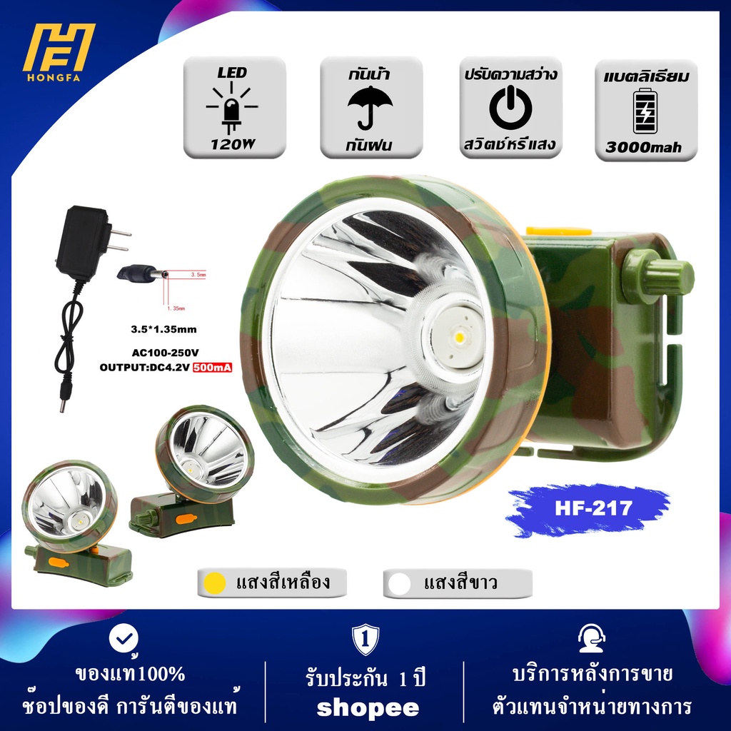 ไฟฉายคาดหัว LED HF-217 ไฟฉายแรงสูงส่องไกล สปอตไลท์ แบตลิเธียมชาร์จไฟ ทนทาน หรี่แสงได้ เดินป่า กันน้ำหาปลา