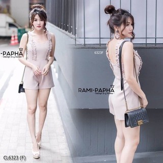 (6731) จั้มสูทขาสั้น ผ้าพื้นช่วงอกแต่งกุ้นจับจีบยาว