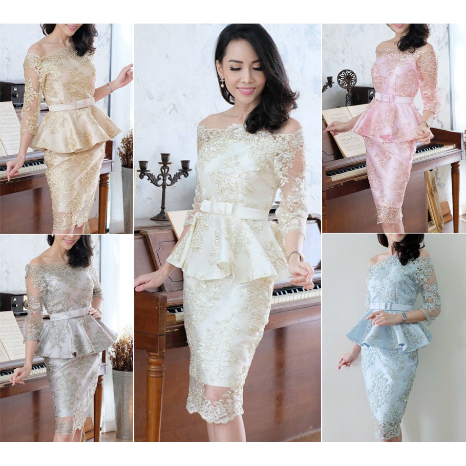 ชุดเดรสออกงานลูกไม้เปิดไหล่ สีทอง/ครีม/ชมพู/ฟ้า/เทา S-XXL