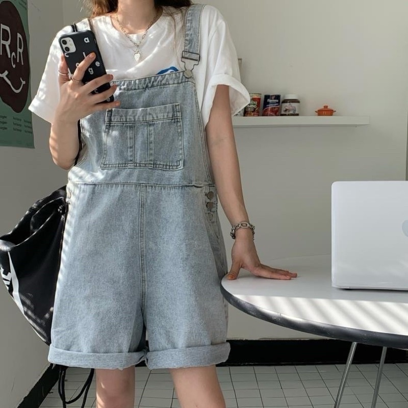 Many Jeans Short Overalls เอี๊ยมกางเกงยีนส์ขาสั้นสียีนส์ และสีดำ(สินค้าพร้อมส่งในไทยจัดส่งทุกวัน)