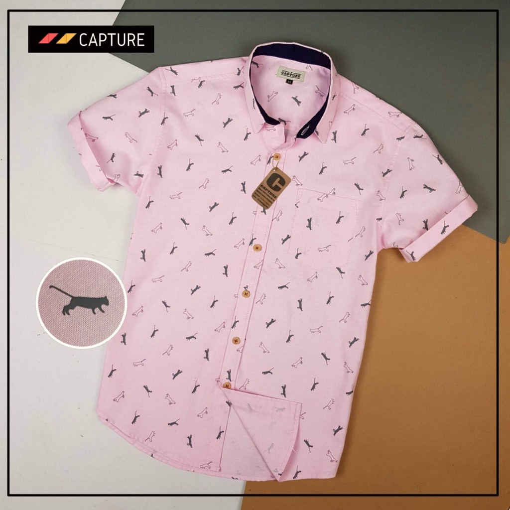 เสื้อเชิ้ตแขนสั้น คอปก ผ้า Oxford ลายจากัวร์ สีชมพู มีไซส์ S-4XL