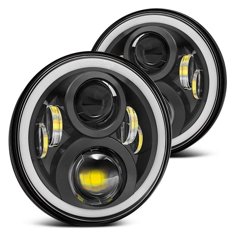 2 แพ็ค 7 "ไฟหน้า LED Halo พร้อม H4 สําหรับ Land Rover Defender 7 นิ้วพร้อมไฟเลี้ยวสีเหลืองสีเหลืองอํ