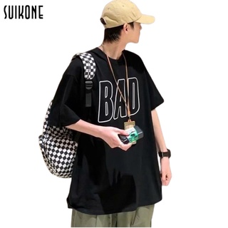 Suikone ยืดดรีมแนวสตรีทฮิปฮอปแขนสั้นเสื้อผ้าสีขาวทันสมัยสำหรับผู้ชายสไตล์ฮ่องกงทรงหลวมคู่เรียบง่ายสำหรับฤดูร้อน เสื้อ ยืด ผู้ชาย