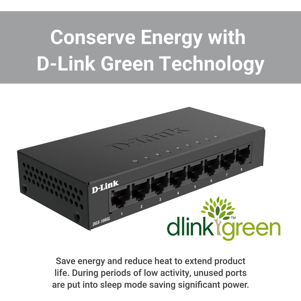 สวิตซ์ฮับ D-LINK (DGS-108GL) 8 Port Gigabit Metal Unmanaged Desktop Switch 10/100/1000 Mbps.