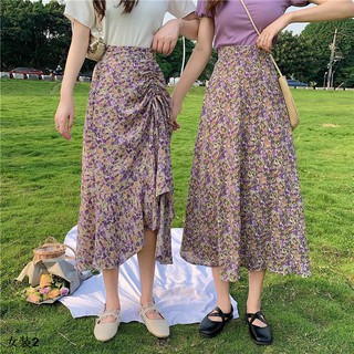 XIAOZHAINVรูปแบบใหม่ Drawstring กระโปรง Fishtail ดอกไม้ขนาดเล็ก กระโปรงเอวสูงความยาวกลางเส้น（ขายล่วงหน้า）