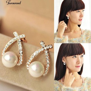 ต่างหูไข่มุกของผู้หญิง Faux ต่างหู Cross Rhinestone Jewelry Gift