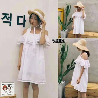  Dress สายใหญ่ ทรงเปิดไหล่ ตัวเรียบแต่งพู่ระบายหน้า ผ้า cotton เนื้อดีทรงใส่สบาย