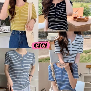 Cici(NO.7923-1)เสื้อไหมพรมแขนสั้น คอกลม ลายทาง  ลายทางสไตล์เกาหลีน่ารักมาก