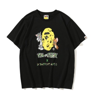 tshirt สําหรับผู้ชาย◕A.Fashion BAPE ลิตเติ้ล Ape หัวทอมและเจอร์รี่ชีสพิมพ์แขนสั้น Ts j+i