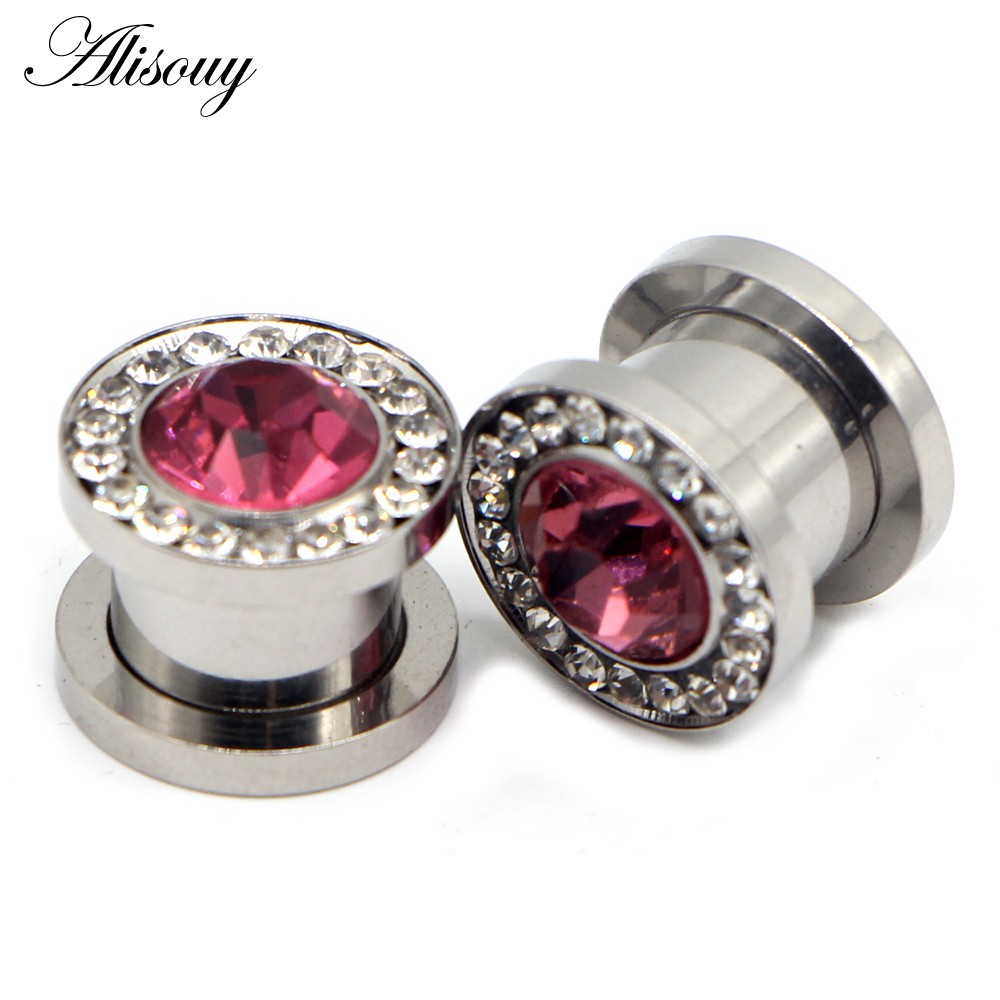 Alisouy 2 ชิ้น 3 มิลลิเมตร-14 มิลลิเมตรคริสตัลสีชมพูเพทายสกรูหูวัดปลั๊กอุโมงค์ Expander เปลเหล็กต่างหูเจาะเครื่องประดับ