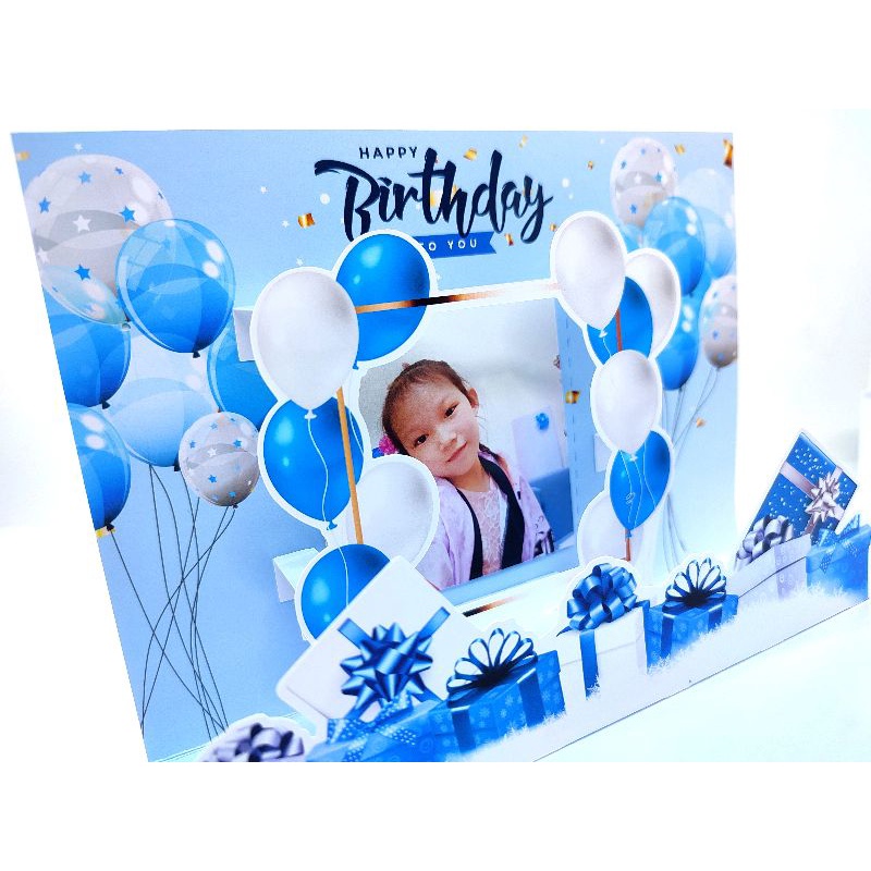 HBD17🎂การ์ดป๊อปอัพ อวยพร วันเกิด Happy Birthday โทนสีฟ้าน้ำเงิน ใส่รูปได้‼️.