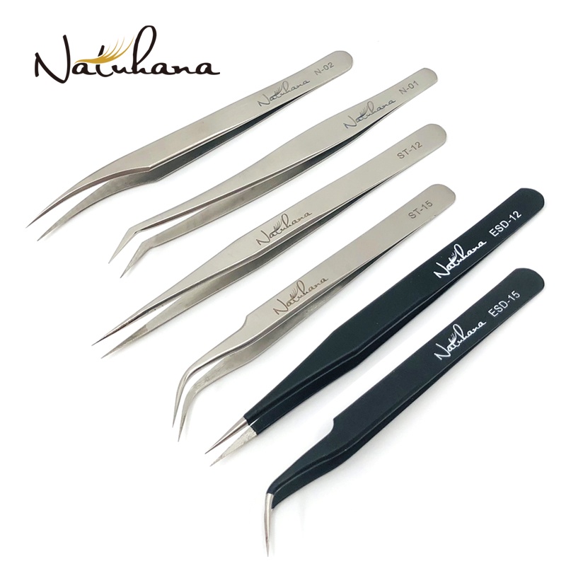 NATUHANA Anti-static Straight Eyelash Extension Tweezers Industrial Precision Curved Straight Lash Eyebrow Tweezers