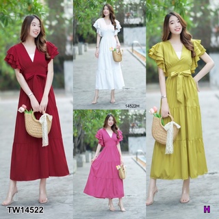 ๋JK14522 Maxi Dress เดรสยาว คอวี แขนระบาย ผ้าไหมอิตาลี ผูกโบเอว