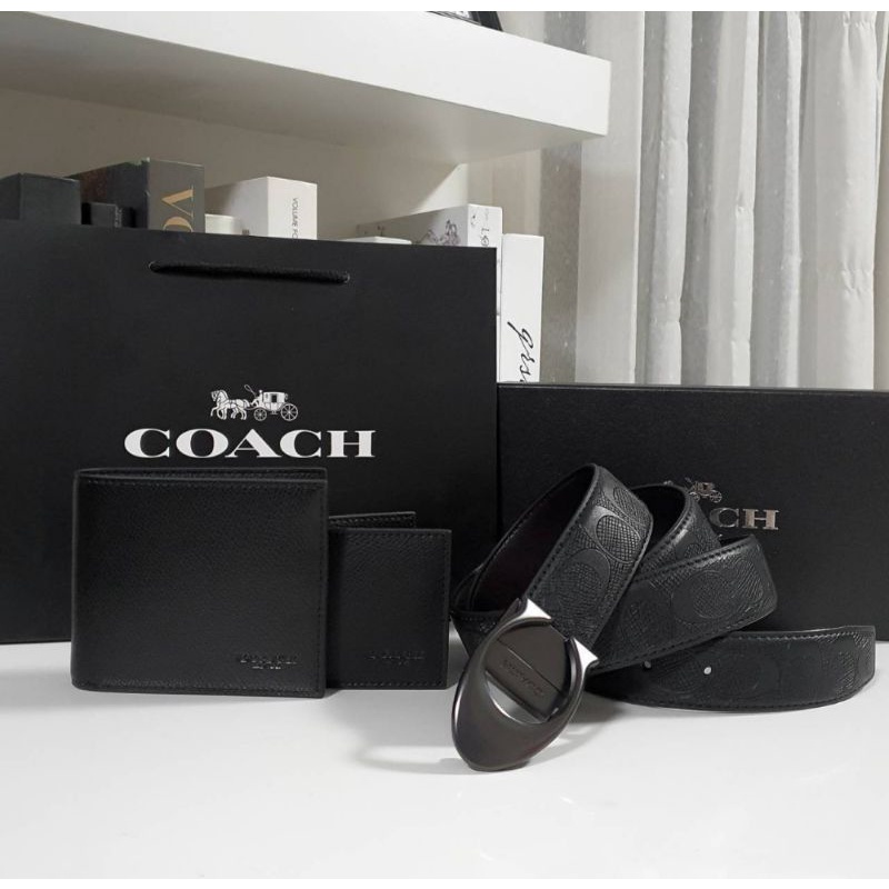 ส่งฟรี🔥 Set กระเป๋าสตางค์ &amp; เข็มขัด Coach แท้💯 สีดำ ลายนูน ดูดี ผู้ชาย กระเป๋าเงิน ของขวัญ สุดคุ้ม