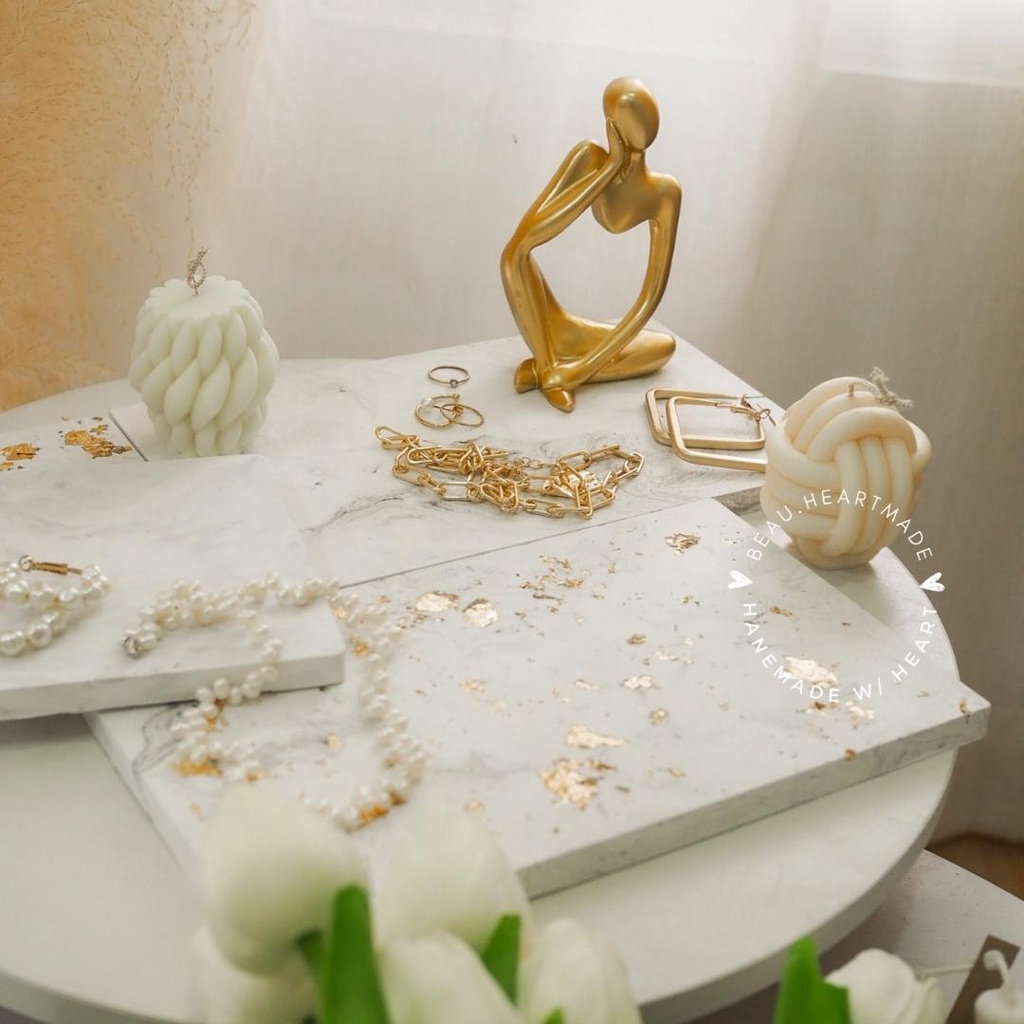 ถาดปูน จานปูน เรียบแบน(ไม่มีขอบ) ลายหินอ่อน (ใส่ทอง/ไม่ทอง) ถาดวางของ จานรองตกแต่งบ้าน จานรองเครื่องประดับ ของตกแต่งบ้าน - รูปที่ 4