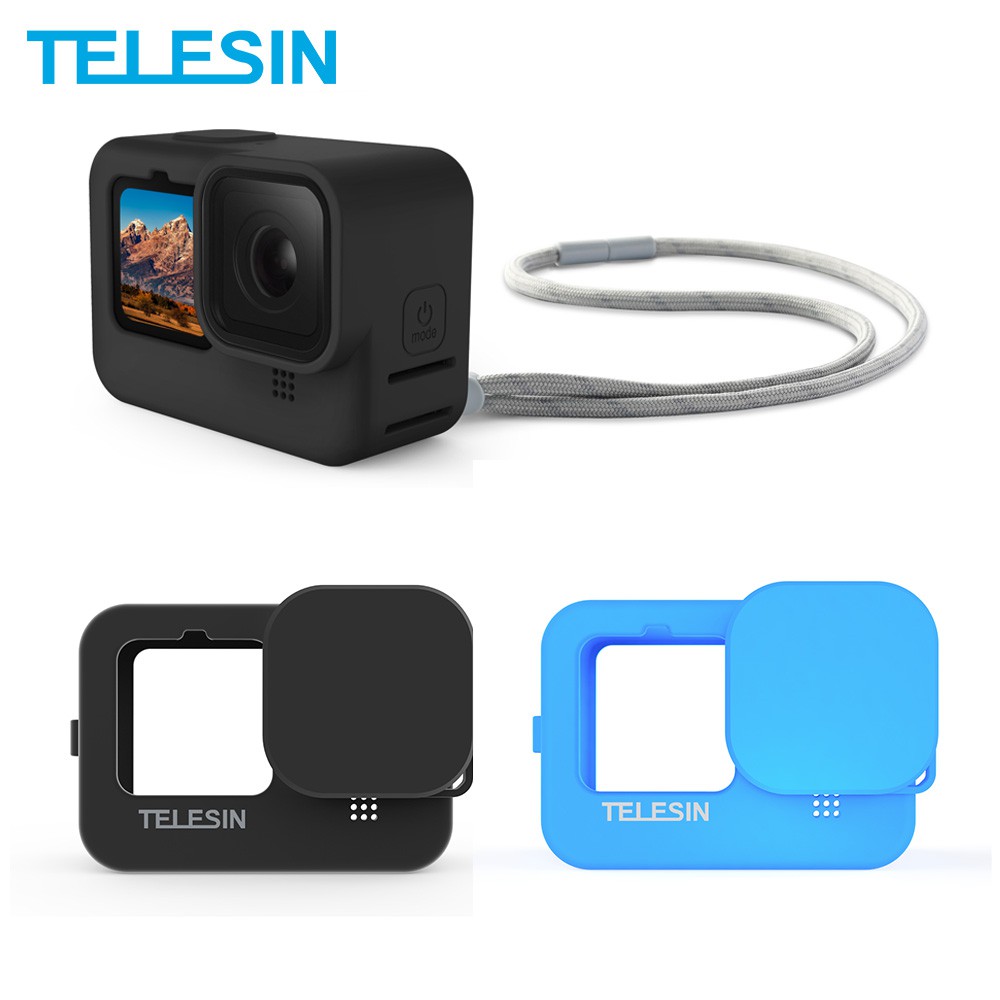 Telesin เคสโทรศัพท์มือถือ ซิลิโคนนิ่ม พร้อมสายคล้องข้อมือ ปรับได้ สีฟ้า สีดํา สําหรับ GoPro 12 11 10 9